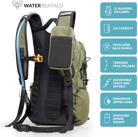 Water Buffalo Hydration Backpack - Sherpa 22L Hiking Backpack with Water Bladder - Water Backpack for Hiking with Waterproof Zippers, Phone & Pole Holders