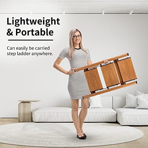 3 Step Ladder, Folding Step Stool with Anti-Slip Wide Sturdy Pedal and Handgrip, Multi-Use for Home and Kitchen Use, Space Saving-Woodgrain(300 lbs Capacity)