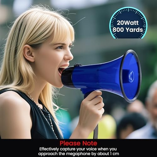 MyMealivos Portable Megaphone Bullhorn 20 Watt Power Megaphone Speaker Voice and Siren/Alarm Modes with Volume Control and Strap (Blue)…