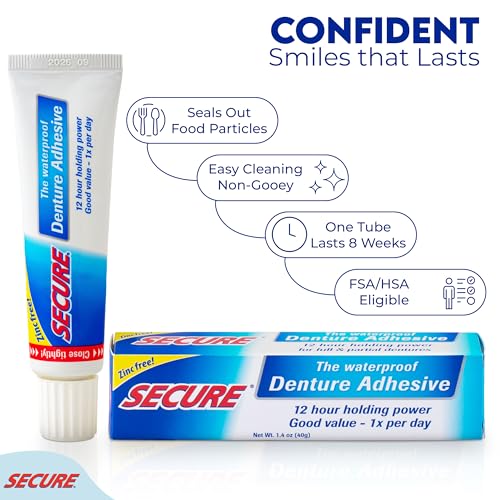 Secure Waterproof Denture Adhesive - Zinc Free - Extra Strong 12 Hour Hold - 1.4 oz (Pack of 4)