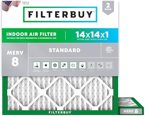 Filterbuy 14x14x1 Air Filter MERV 8 Dust Defense (2-Pack), Pleated HVAC AC Furnace Air Filters Replacement (Actual Size: 13.75 x 13.75 x 0.75 Inches)