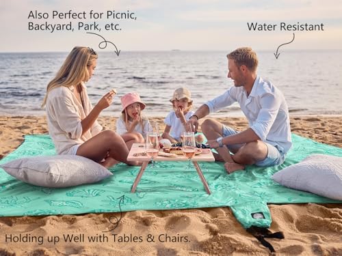 WEKAPO Beach Blanket Waterproof Sandproof Oversized, Extra Large Beach Mat Sand Free, Lightweight & Compact Sand Free Mat with 6 Stakes & 4 Corner Pockets