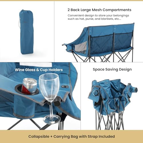 ARROWHEAD OUTDOOR Portable Folding Double Duo Camping Chair Loveseat w/ 2 Cup & Wine Glass Holder, Heavy-Duty Carrying Bag, Padded Seats & Armrests, Supports up to 650lbs, USA-Based Support