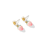 Pink Strawberry Flower Drop Earrings - Cute Enamel Fruit & Floral Stud Drop Earrings for Women, 18K Gold Plated Dainty Aesthetic Jewelry