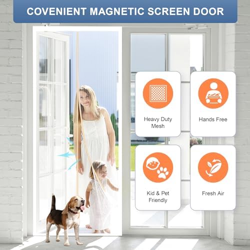 Magnetic Screen Door Fits Door Size 29" x 80", Screen Door Mesh,Door Screen Magnetic Closure for Patio Door Enjoy Air Fresh-White, Actual Screen Size 30" x 81"
