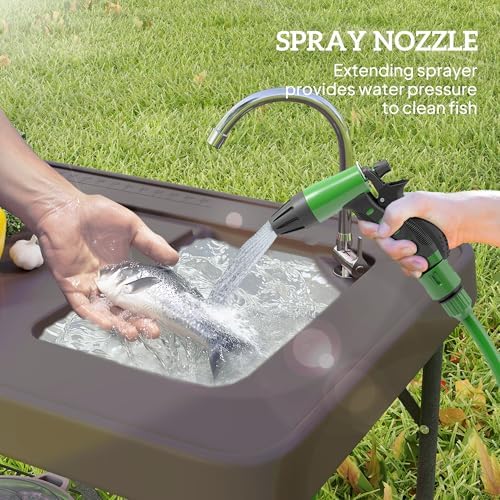 Outsunny Folding Fish Cleaning Table with Sink, Portable Camping Sink Station with Faucet, Drainage Hose, Sprayer and Grid Rack, Outdoor Fillet Table for Picnic Beach Patio, Tan