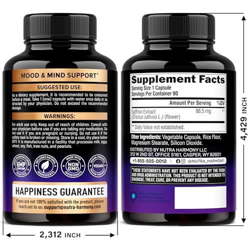 Natural Saffron Supplements - Pure Saffron Extract 88.5 mg - Made in USA - Mood | Focus | Vision | Energy Support - Eye Health for Women & Men - NonGMO Vegan Pills - 90 Powder Capsules, 3 Month Supply