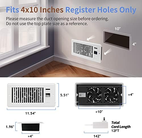 Super Quiet Register Booster Fan 4" x 10" - Intelligent Thermostat Control Vent Fan Booster - Cooling Heating Smart Register Vent - White