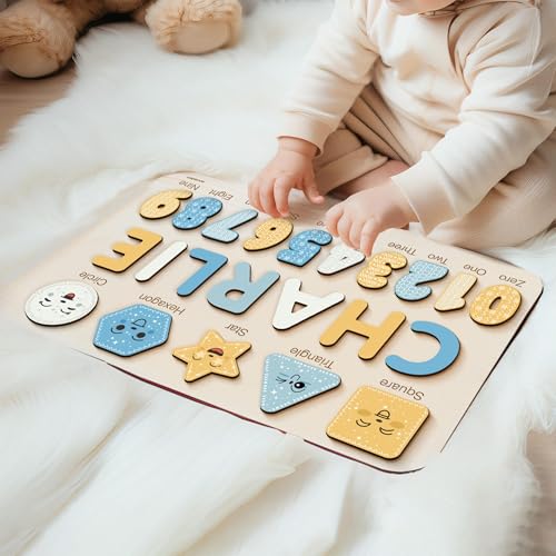Personalized Wooden Name Puzzle with Numbers and Shapes, Custom Gift for Baby, 1st, Newborn Gift, Baby Shower, 1st Birthday, Educational Toys for Toddlers, Preschool Puzzle for Kids