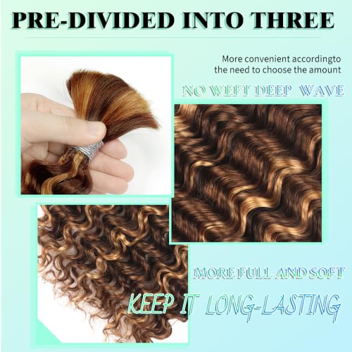Human Braiding Hair 18 Inch 6 Bundles Human Hair Braiding Hair No Weft Deep Wave Bulk Human Hair for Braiding Hair Extensions for Boho Braids Wet and Wavy 150g P4/27#