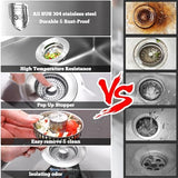 Upgraded 3 in 1 Kitchen Sink Drain Strainer Stopper, Brushed Stainless Steel SUS 304 Pop Up Sink Drain Stopper for Standard 3-1/2 Inch Drain Anti-Clogging Odor Prevention