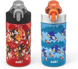 Zak Designs Sonic the Hedgehog Sage Kids Water Bottle For School or Travel, 16oz Durable Plastic Water Bottle With Straw, Handle, and Leak-Proof, Pop-Up Spout Cover, 2-Pack Set (Sonic & Shadow)