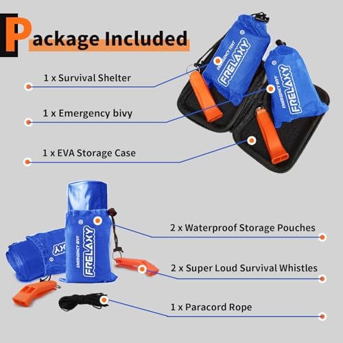 Frelaxy Extra-Thick Survival Tent and Emergency Sleeping Bag, Emergency Shelter Survival Bivy Set with Whistles, Paracord, Storage Pouches, and EVA Case, Perfect for Survival Kits