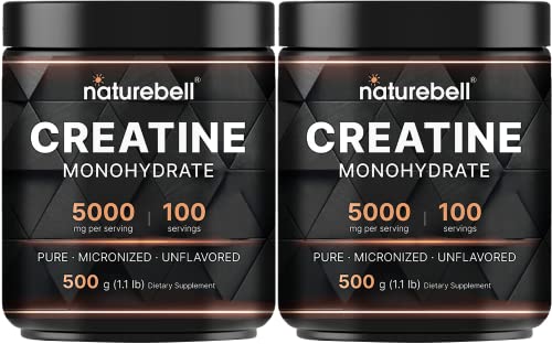NatureBell 2 Pack Creatine Monohydrate Powder 500 Grams, 5000mg Per Serving, Pure Unflavored Creatine Powder - Micronized - Pre Workout | Keto | Vegan | Dissolves Easy | Filler Free