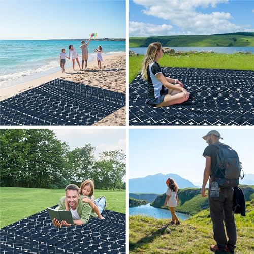 Beach Blanket Waterproof Sandproof, Large Beach Picnic Blankets Foldable Sand Free, Beach Mat Windproof w/Stakes and Corner Pocket for Outdoor, Travel, Camping, Hiking, Beach Essentials-Navy Geometry