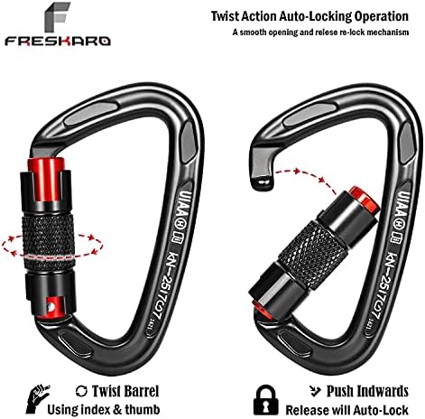 FresKaro UIAA Certified 25KN Auto Locking Climbing Carabiner Clips, Twist Lock, and Heavy Duty Carabiners for Rock Climbing, Rappelling, and Mountaineering, D Shaped 3.93 Inch, Large Size, Black