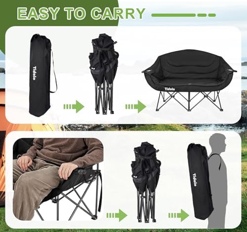 Double Camping Chairs, Oversized Loveseat Camping Chairs for Adults, Outdoor Folding Chairs Lawn Chairs Camping Couch with Cup Holder & Wine Glass Holder for Outside - Support 600Lbs (Black)
