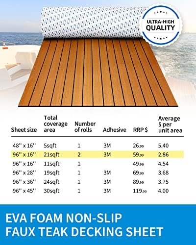 OCEANBROAD EVA Foam Boat Flooring with 3M Adhesive Backing Marine Self-Adhesive Decking 96''x45.6''/36''/28.8''/16.8'', 48''x16.8'' Faux Teak Sheet for Jon Boats Swim Platform Helm Pad RV Floor