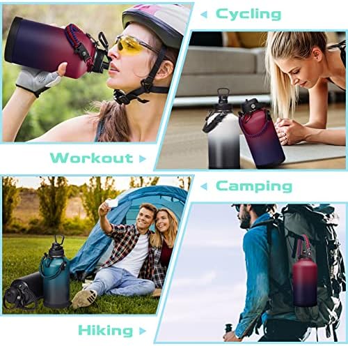 64OZ Vacuum Insulated Water Bottle - Keep Hot Cold Vacuum Flasks with Straw & Spout Lids, Paracord Handle, Water Bottler Carrier Holder & Protective Cup Mat, 1.8L Stainless Steel Water Jug