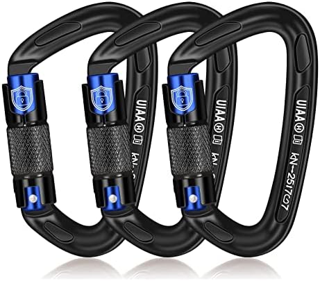 25KN Auto Locking Carabiner - UIAA Certified Heavy Duty Climbing Carabiners for Rock Climbing, Camping, Rappelling, Hunting, Rescue Equipment - Professional Carabiner Clips (Black)