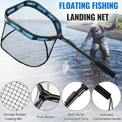 PLUSINNO Floating Fishing Net for Steelhead, Salmon, Fly, Kayak, Catfish, Bass, Trout Fishing, Rubber Coated Landing Net for Easy Catch & Release, Compact & Foldable for Easy Transportation & Storage