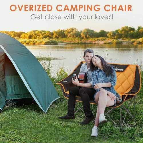 EMERIT Oversized Double Duo Camping Chair Folding Camping Loveseat 2 Person Camping Couch Heavy Duty Lawn Chairs for Outside with Padded Seats & Armrests-Support 650LBS