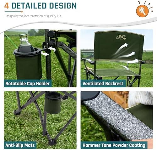 Heavy Duty Folding Camping Chair for Adults Oversized Camping Chairs Steel Frame Support 400 lbs, Metal Arm Lawn Chairs with Swivel Cup Holder, Hollow Backrest, Extra Large Outdoor Chairs, Green