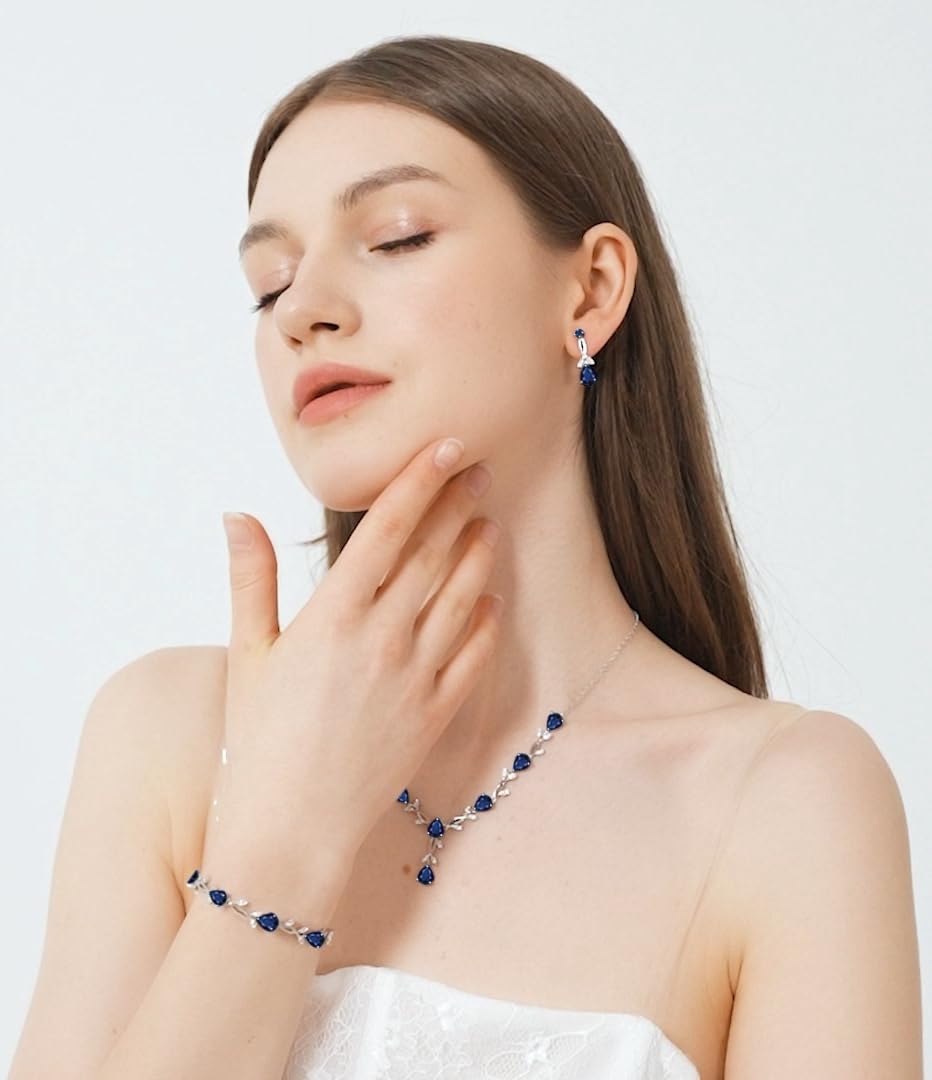 ZCGJWE Blue Sapphire Jewelry Set for Women Party Prom Wedding Necklace Earrings Set Gift for Mother Wife Friend