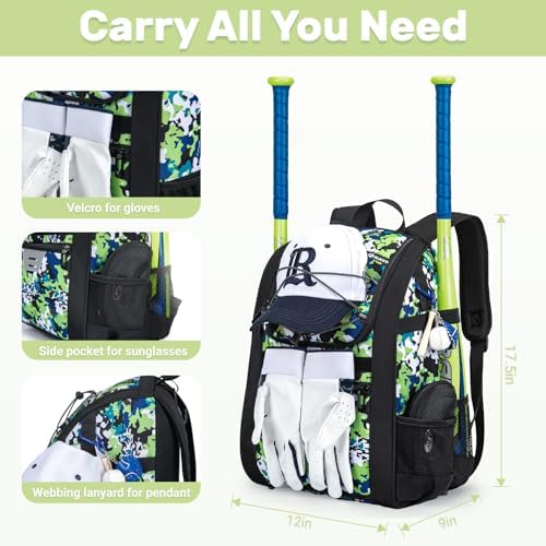 Youth Baseball Bag, Softball Bag for Girls & Boys, Kids Tball Backpack with Shoes Compartment