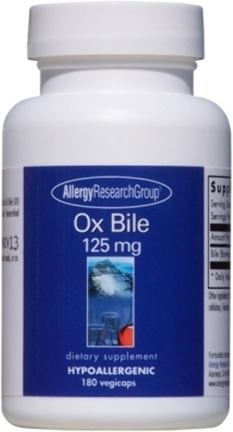 Allergy Research Group Ox Bile 125 mg - Ox Bile Supplements for Gallbladder, Digestive Enzymes for Liver, Fat Digestion Support, for Men and Women, Hypoallergenic Formula - 180 Vegicaps