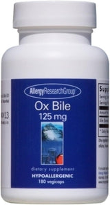 Allergy Research Group Ox Bile 125 mg - Ox Bile Supplements for Gallbladder, Digestive Enzymes for Liver, Fat Digestion Support, for Men and Women, Hypoallergenic Formula - 180 Vegicaps
