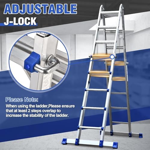 HBTower A Frame 5 Step Extension Ladder, 19 Ft Multi Position Ladder with Removable Tool Tray and Stabilizer Bar, 330 lbs Capacity Telescoping La dder for Household and Outdoor Work (Blue, 19FT)