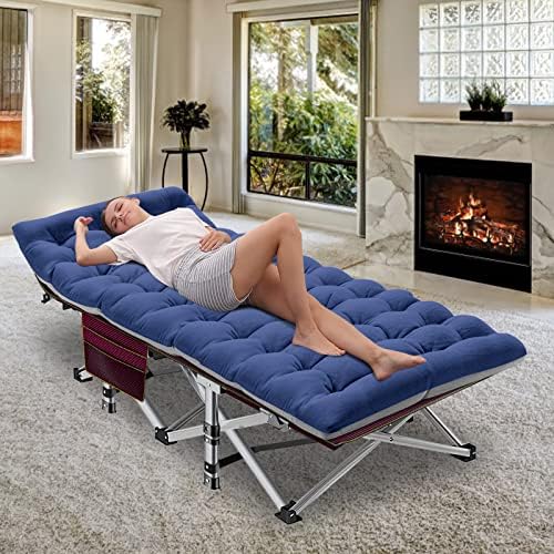 ABORON Folding Camping Cot W/Mat for Adults, Heavy Duty Outdoor Bed with Carry Bag,1200 D Layer Oxford Travel Camp Cots (1, Red Stripe with Blue Pad)