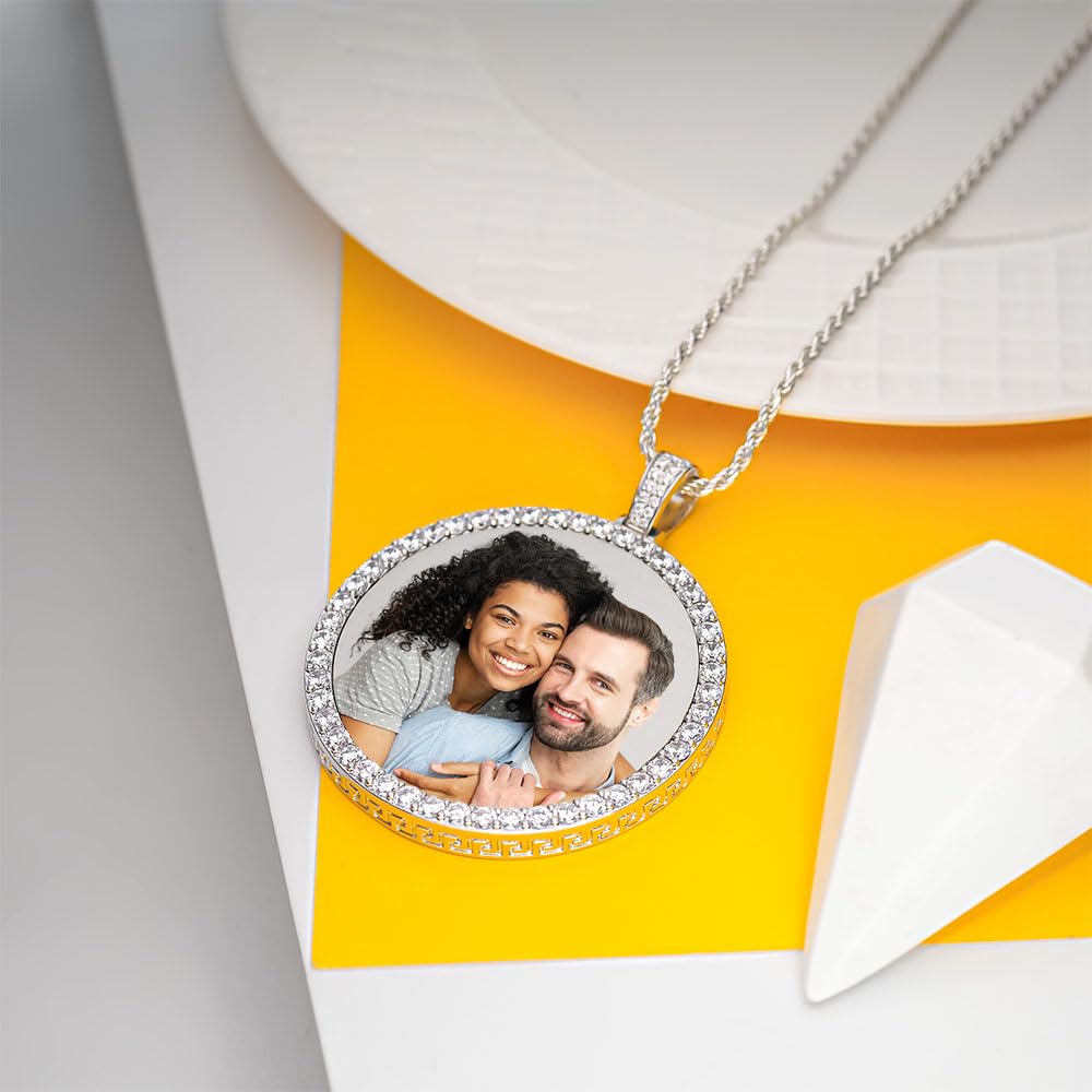 XL Photo Engraved Cubic Zirconia Pendant Necklace (Stainless Steel)