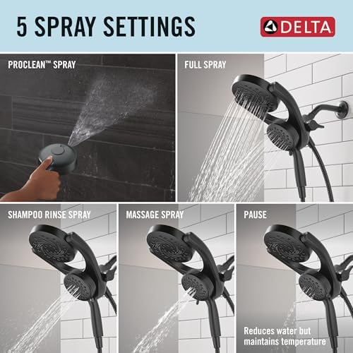 Delta Faucet 5-Setting HydroRain 2-in-1 Dual Shower Head with ProClean Spray, Matte Black Round Shower Head with Hose, Hand Held Shower Head, Matte Black 75419BL