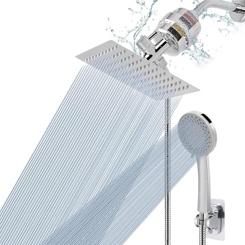 NearMoon Filtered Shower Head, High Pressure 8″Square, 5 settings Handheld Rain Shower Filter Combo with Self-adhesive Holder/1.5M Hose -1 Replaceable Filter Cartridge (Chrome Finish)
