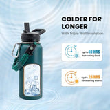 Insulated Water Bottle 32 oz, Triple Wall Vacuum Stainless Steel (Cold for 48 Hrs), Leak Proof & Non-BPA, Modern Water Flask Jug with Paracord Handle & Straw Spout Lids, Dark Green