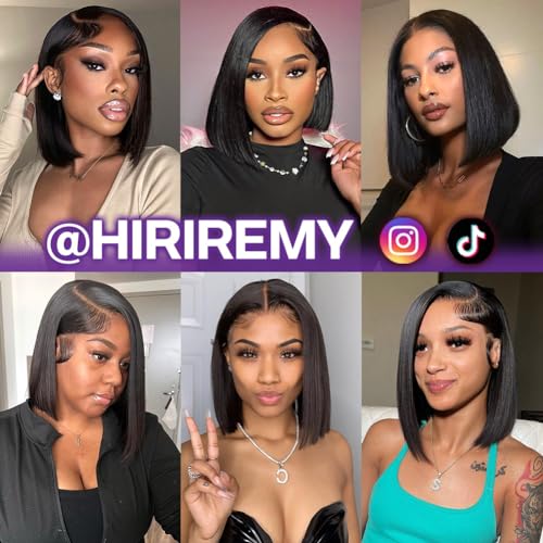 HIRIREMY Short Straight Bob Wigs for Black Women Human Hair 13x4 HD Lace Front Bob Wigs Human Hair Pre Plucked Natural Hairline Glueless 180% Density 12 Inch