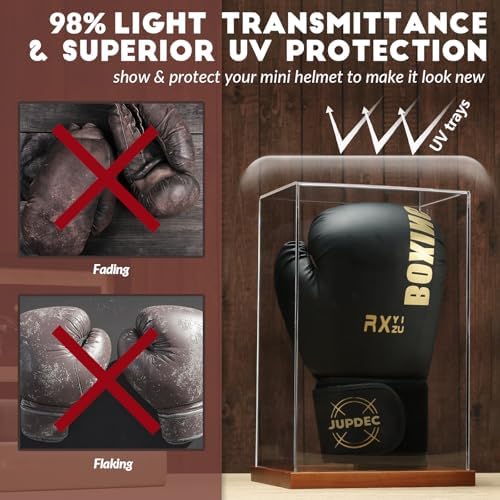 JupDec Boxing Glove Display Case, Clear Acrylic Showcase with Wood Base & Plank for Single Glove, Full Size UV Protection Souvenirs and Collectibles Box, Ideal Gift for Boxing Fans