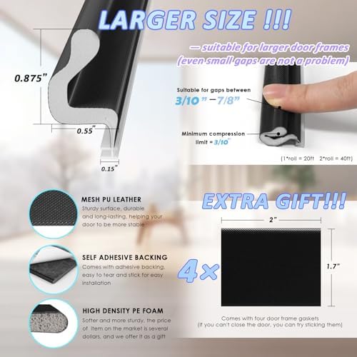 20FT Kerf Weather Stripping Door Seal Soundproof Weather Strips Seal Strip for Door Frame Exterior Weather Stripping (20FT,Black,4 Gaskets)