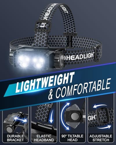 Headlamp Rechargeable 2PCS, Light Bright LED Rechargeable Headlight with White Light, Waterproof Head Lamp with Headband for Outdoor Camping, Hiking, Camping Essentials, Working(Black)