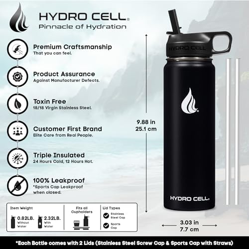 HYDRO CELL Stainless Steel Insulated Water Bottle with Straw - For Cold & Hot Drinks - Metal Vacuum Flask with Screw Cap and Modern Leakproof Sport Thermos for Adults (Black 24oz)