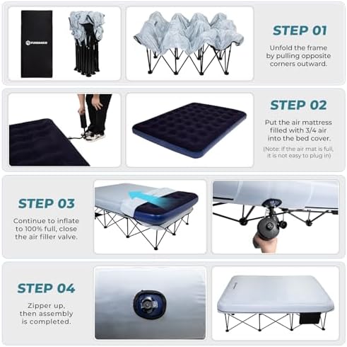 FUNDANGO Queen Camping Cot, 2 Person Folding Airbed Mattress, Double Camp Bed with 2 Cup Holders, Removeable Cover for Adults Outdoor Travel,Carry Bag Included (Grey)