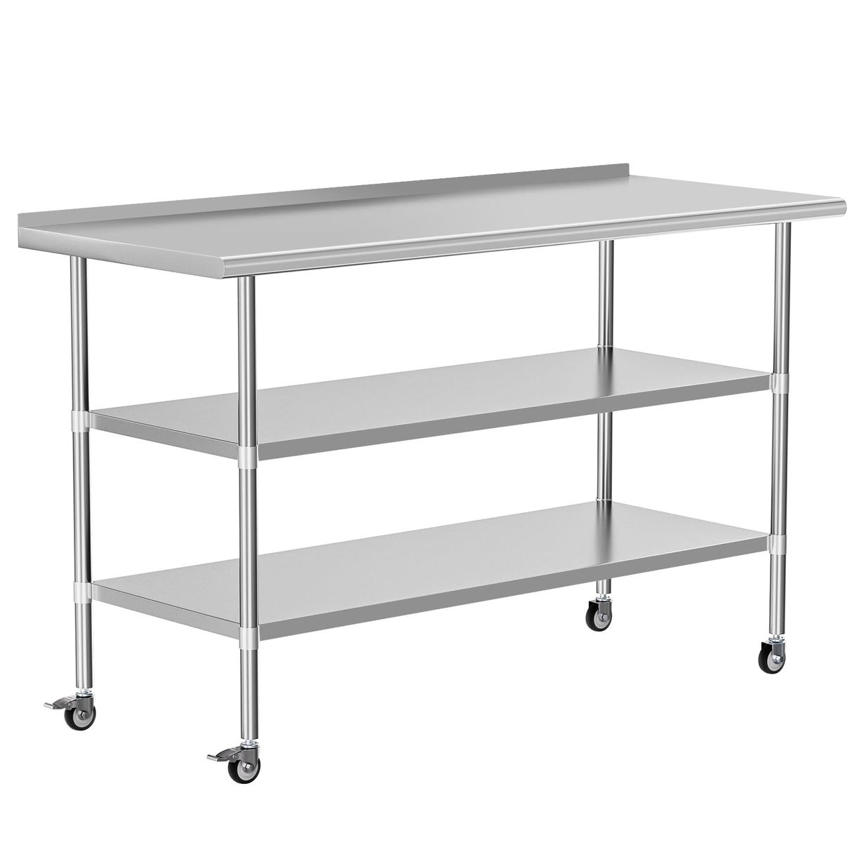HOCCOT Stainless Steel Prep Table 24" X 60" with 2 Adjustable Undershelves, Backsplash and Wheels, Commercial Metal Workstations for Kitchen, Garage, Outdoor BBQ