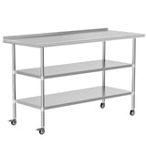 HOCCOT Stainless Steel Prep Table 24" X 60" with 2 Adjustable Undershelves, Backsplash and Wheels, Commercial Metal Workstations for Kitchen, Garage, Outdoor BBQ