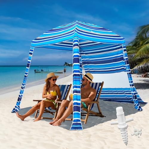 Grandekor Beach Cabana 6'×6' Beach Canopy with Sand Anchor Sidewall Hanging Hook UPF 50+ UV Beach Umbrella Portable Cool Cabana Beach Easy Set up and Take Down with Sand Pockets