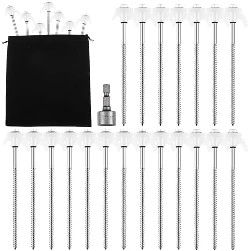 20 Pcs 8" Screw in Tent Stakes Heavy Duty Tent Stakes Drillable Ground Anchors Screw Metal Tent Pegs Threaded Tent Spikes with Head Driver for Swing Inflatable Decor (Illuminant White)