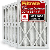 Filtrete 20x36x1 AC Furnace Air Filter, MERV 11, MPR 1000, Micro Allergen Defense, 3-Month Pleated 1-Inch Electrostatic Air Cleaning Filter, 6 Pack (Actual Size 19.81x 35.81x0.81 in)