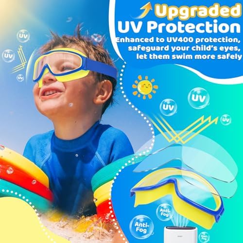 Vvinca Kids Goggles with Comfort Fabric Strap, Kids Swim Goggles Wide View Anti-Fog/UV No Leaking Swimming Goggles for 3-14