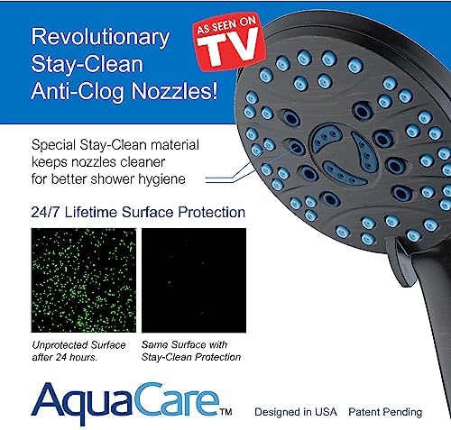 Hotel Spa AquaCare High Pressure 8-mode Handheld Shower Head - Anti-clog Nozzles, Built-in Power Wash to Clean Tub, Tile & Pets, Extra Long 6 ft. Stainless Steel Hose, Wall & Overhead Brackets